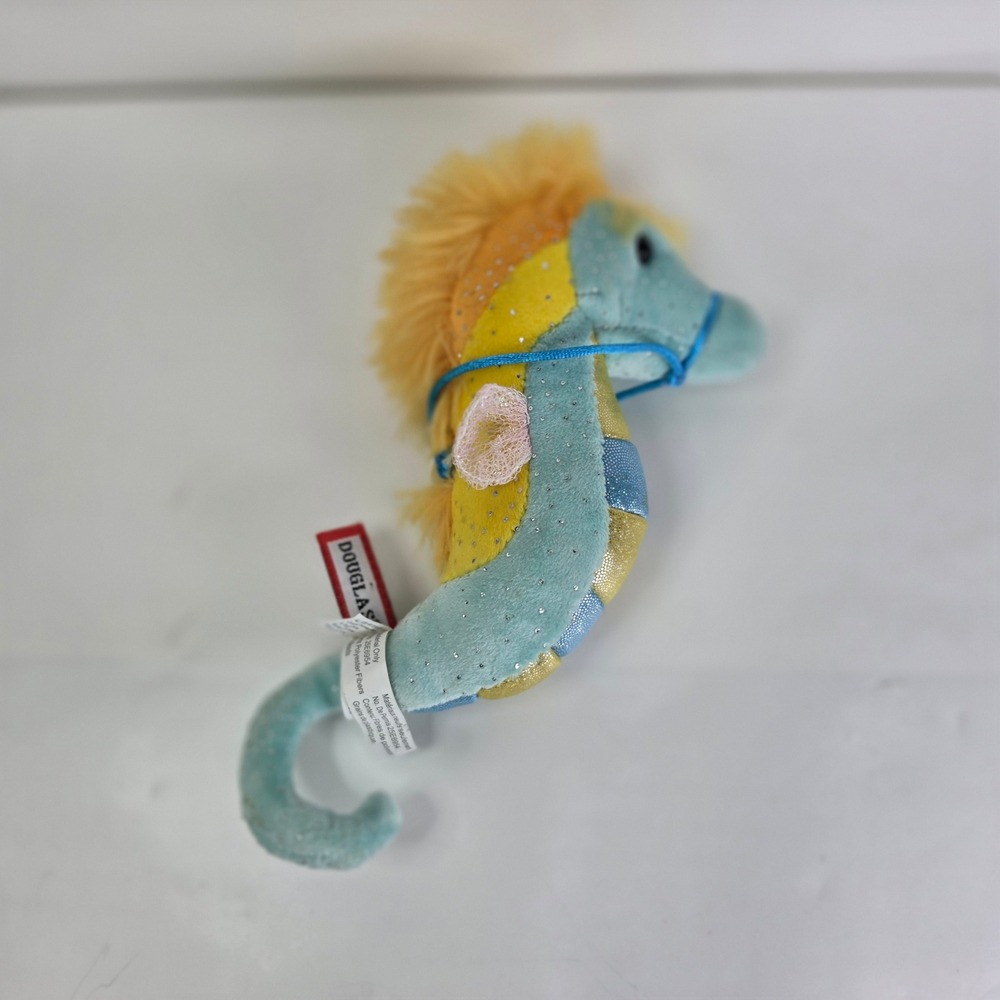 Douglas Cuddle Toy Seahorse Plush 8 Inch Turquoise Blue Yellow Sparkle Glitter